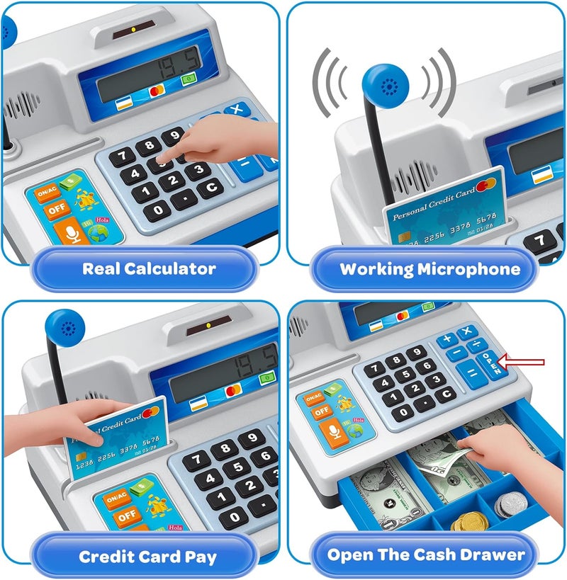 BAODLON Calculator Cash Register - 103 Pcs Toy Cash Register, Store Set with Microphone, Credit Card and Banking for Kids, Early Math Skills Toys Gifts for 3, 4, 5, 6 7 8+ Years Old Boy Girl - Image 3